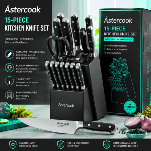 Astercook 15-Piece Stainless Steel Knife Set